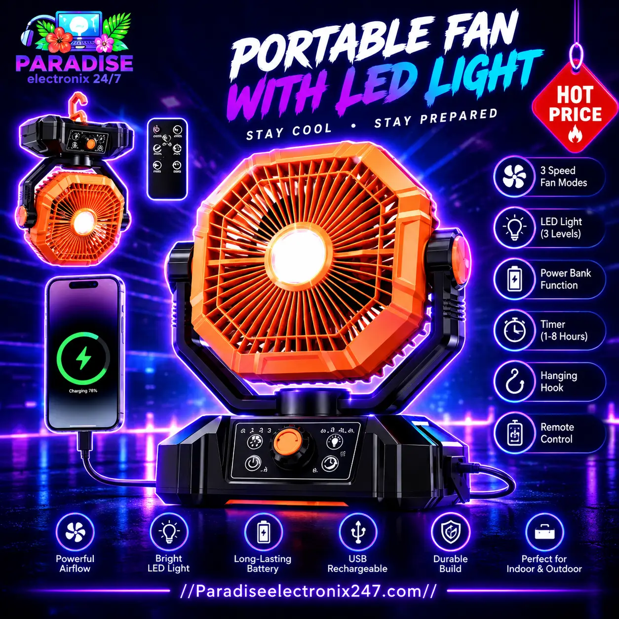 20000mAh Camping Fan with LED Lantern 8 Speed Desk Fan with Remote Portable Outdoor Fan with Hook for Tent Power Outages Jobsite - Image 1
