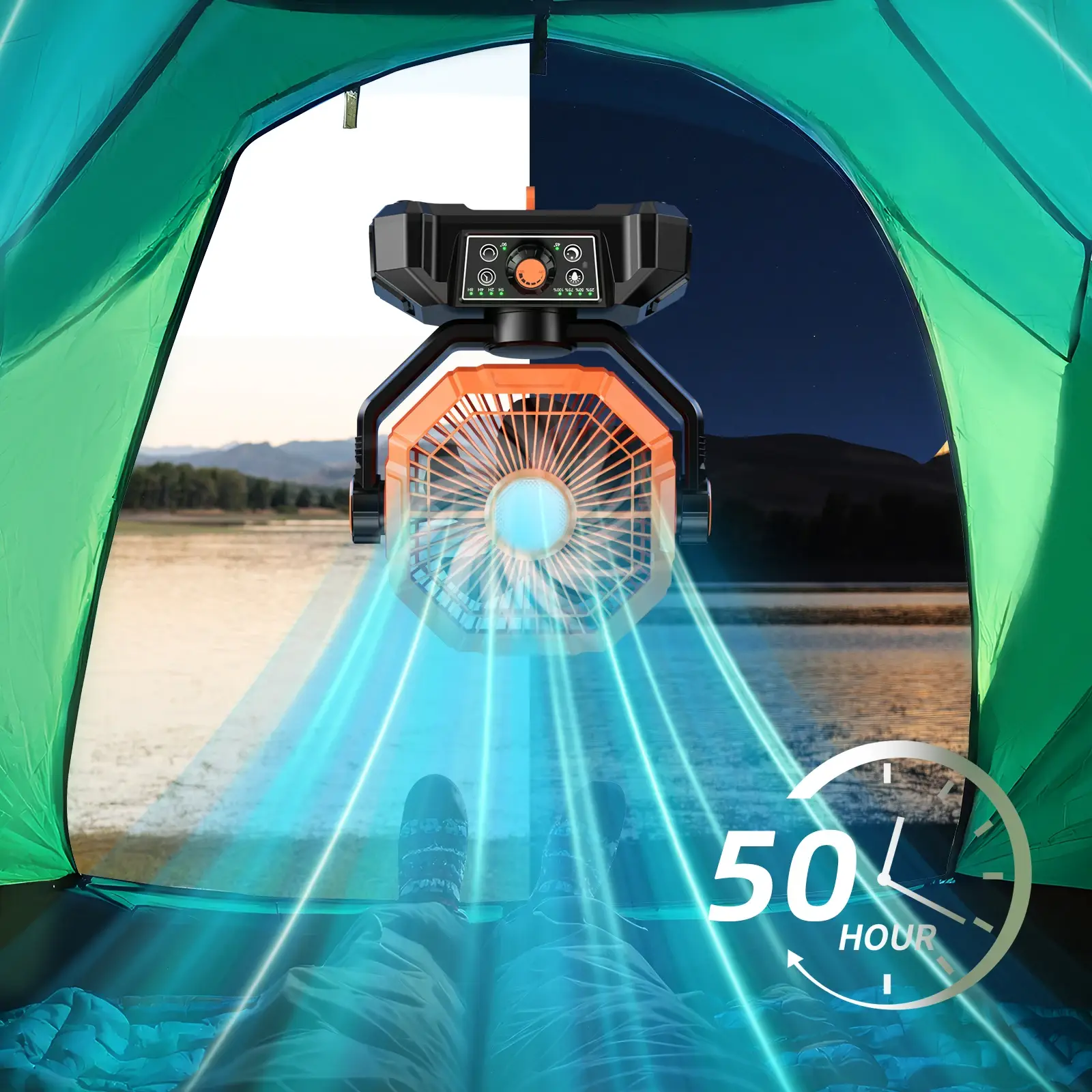 20000mAh Camping Fan with LED Lantern 8 Speed Desk Fan with Remote Portable Outdoor Fan with Hook for Tent Power Outages Jobsite - Image 2