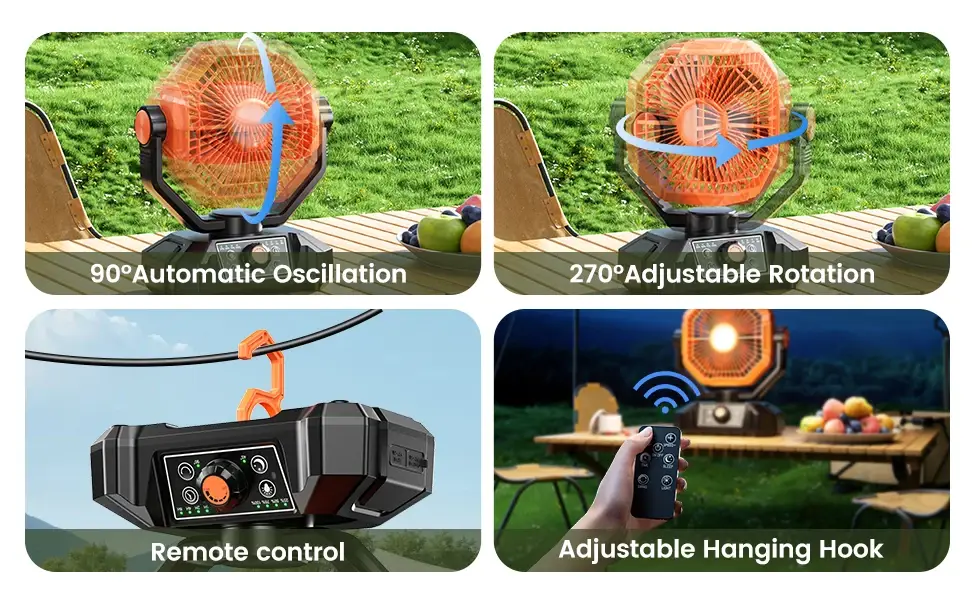 20000mAh Camping Fan with LED Lantern 8 Speed Desk Fan with Remote Portable Outdoor Fan with Hook for Tent Power Outages Jobsite - Image 5